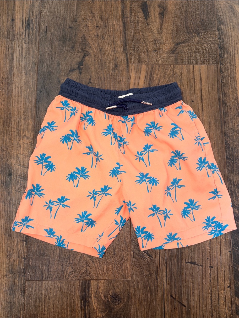 Kids Peach Palm-Print Swim Trunks with Navy Waistband